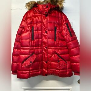Guess Red Puffer Jacket with Faux Fur Hood